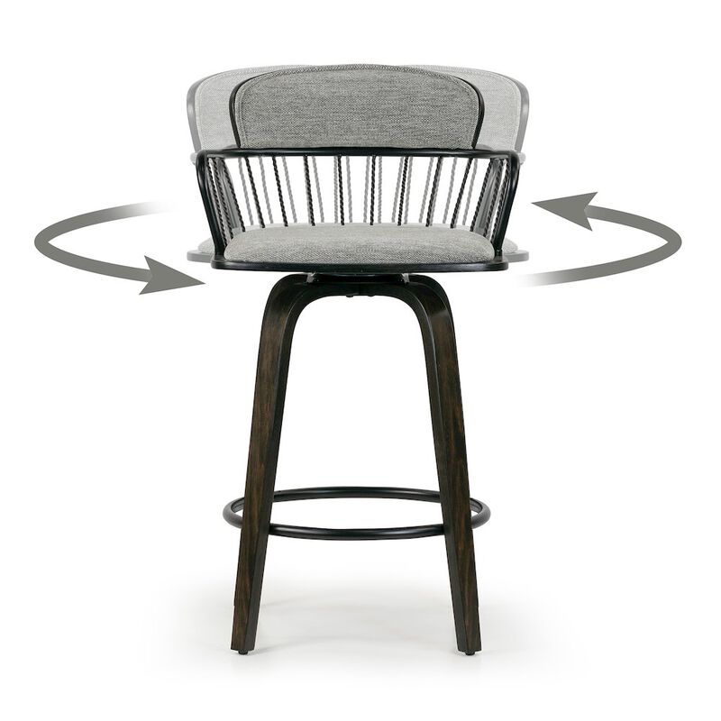 Glamour Home Set of 2 Baker Gray Fabric Counter Stool with Black Iron Back and Wood Legs