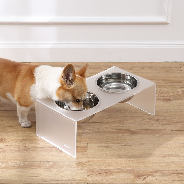 Keaton Modern Acrylic Rectangular Elevated Pet Feeder with Stainless Steel Bowls