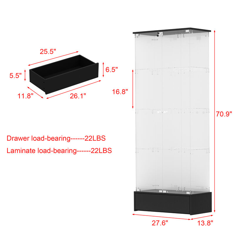 FUFU&GAGA Glass Display Cabinet with 4 Adjustable Shelves, Metal Base Drawer, (27.6" W x 13.8" D x 70.9" H), Black