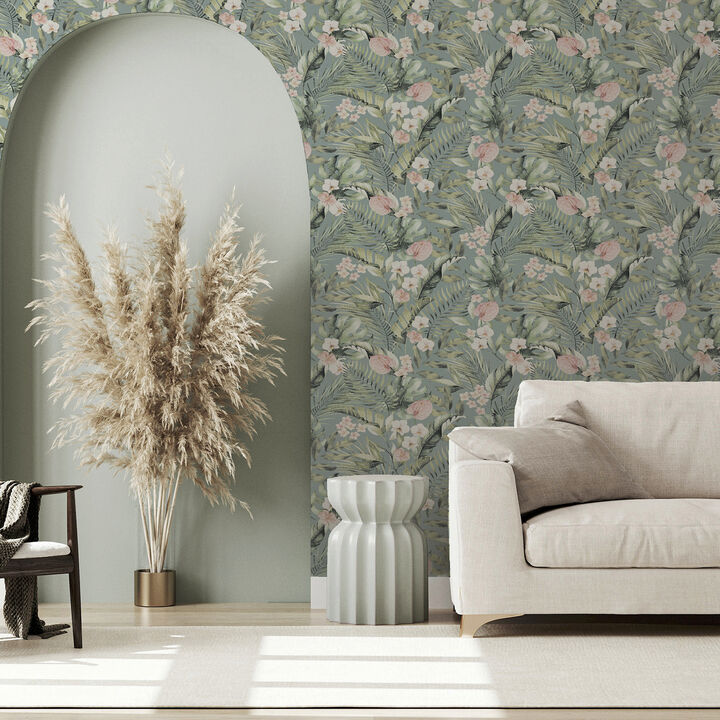 Harrietta Sea Green Tropical Floral Wallpaper