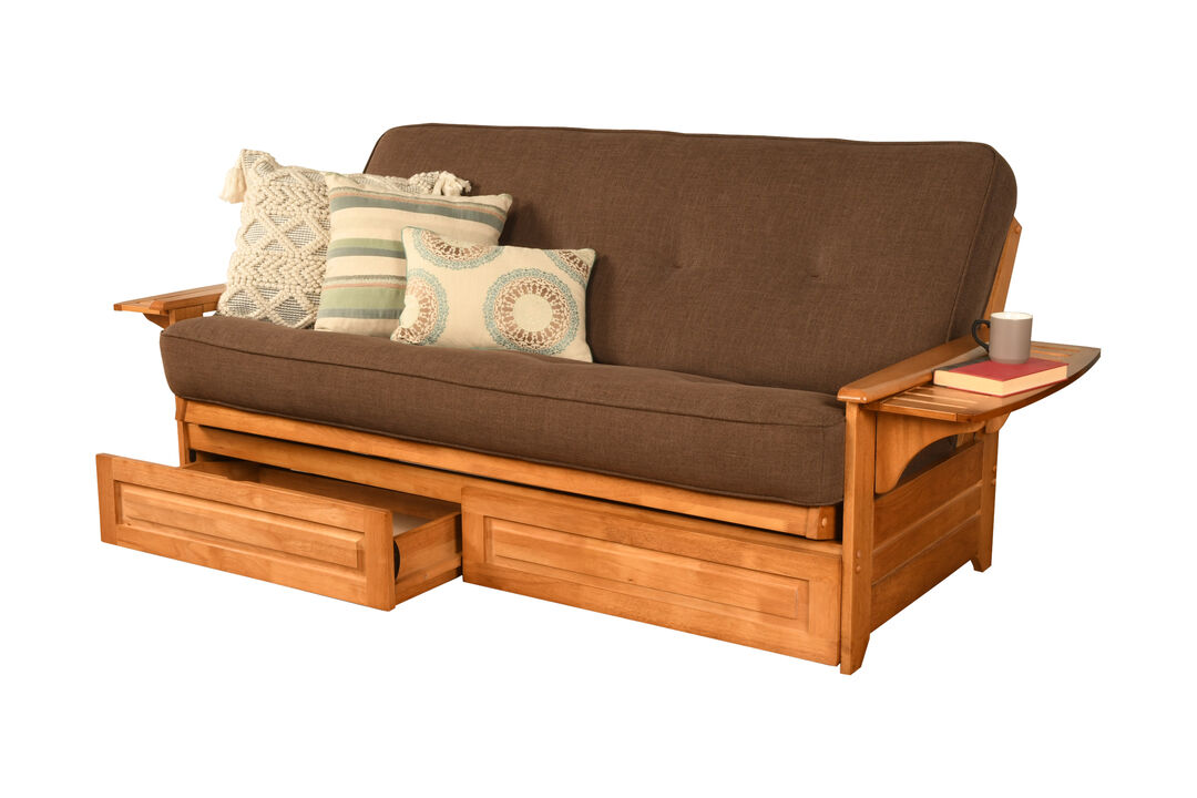 Phoenix Frame in Butternut Finish includes Marmont Thunder Mattress and Storage Drawers
