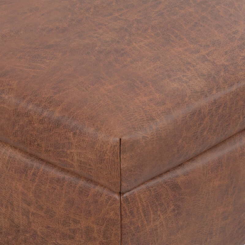 Rebecca 48 inch Wide Mid Century Modern Rectangle Large Coffee Table&nbsp;Storage Ottoman with Lift up Lid in Distressed Saddle Brown Faux Leather, Assembled image number 8