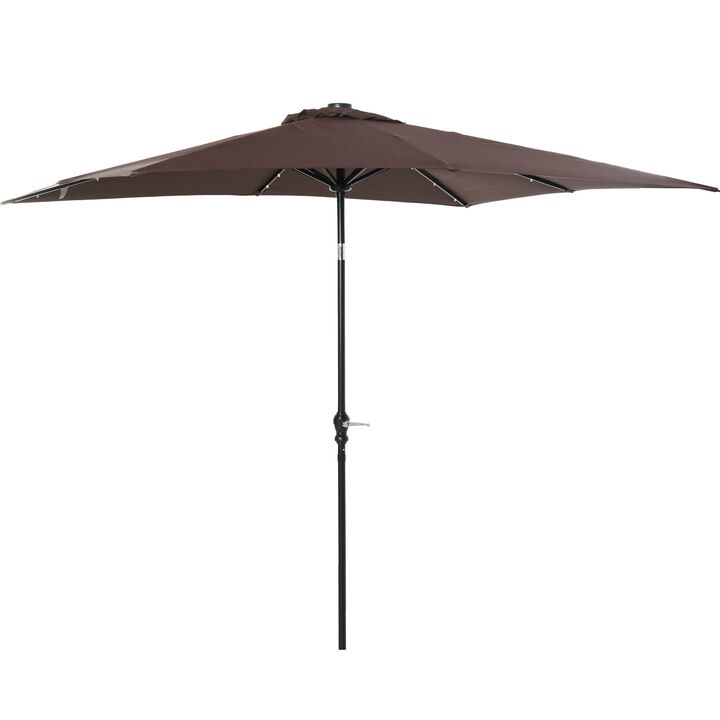 9' x 7' Patio Umbrella Outdoor Table Market Umbrella with Crank, Solar LED Lights, 45Â° Tilt, Push-Button Operation, for Deck, Pool, Brown
