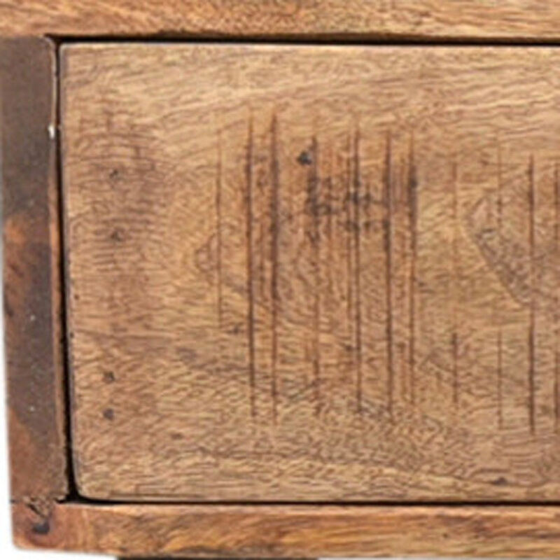 HomeRoots 36" Natural and Black Solid Wood and Iron Distressed Frame Console Table With Two Drawers image number 3