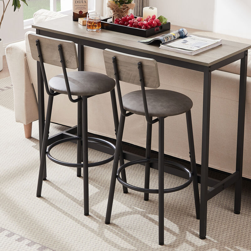 Bar Table Set with 2 Bar stools PU Soft seat with backrest, Grey, 43.31" L x 15.75" W x 35.43" H