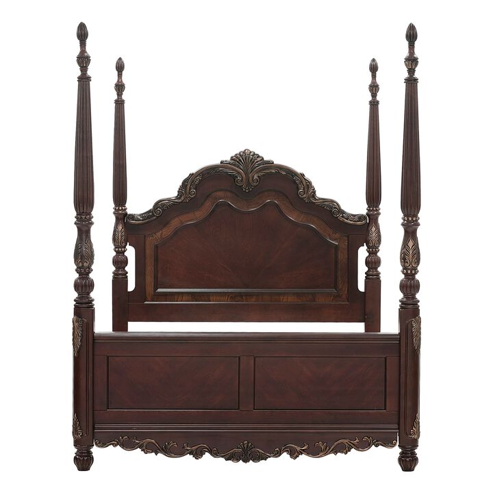 Park Queen Size Poster Bed with Shell Motifs and Burl Inlays, Brown Veneer - Benzara