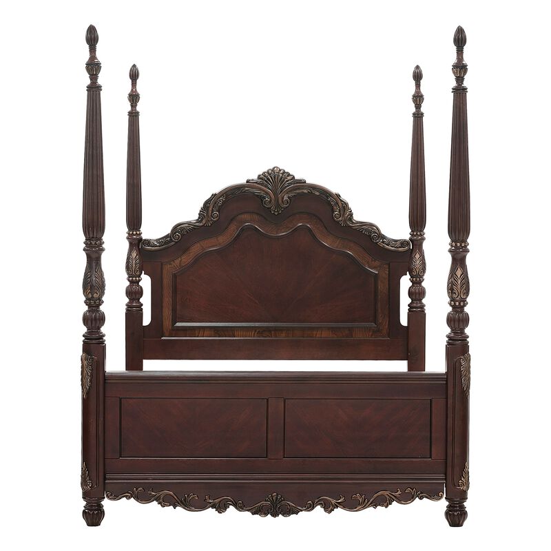 Park Queen Size Poster Bed with Shell Motifs and Burl Inlays, Brown Veneer - Benzara