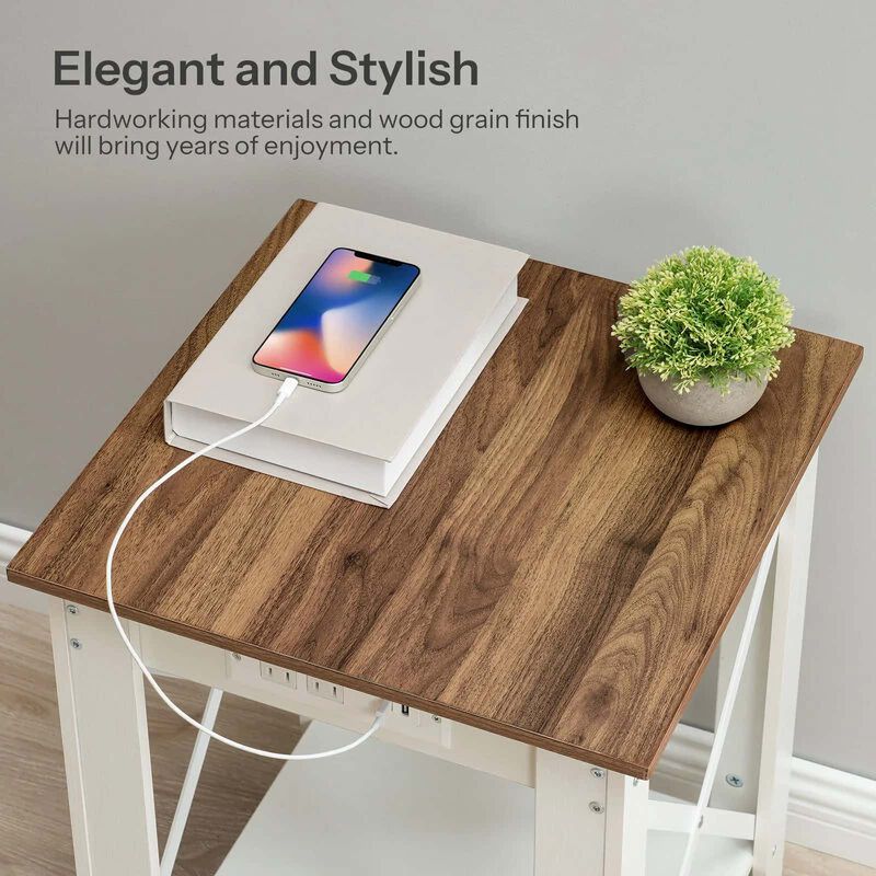 Modern 2-Tier Nightstand with USB Ports, Power Outlets and Storage Shelf-White image number 3