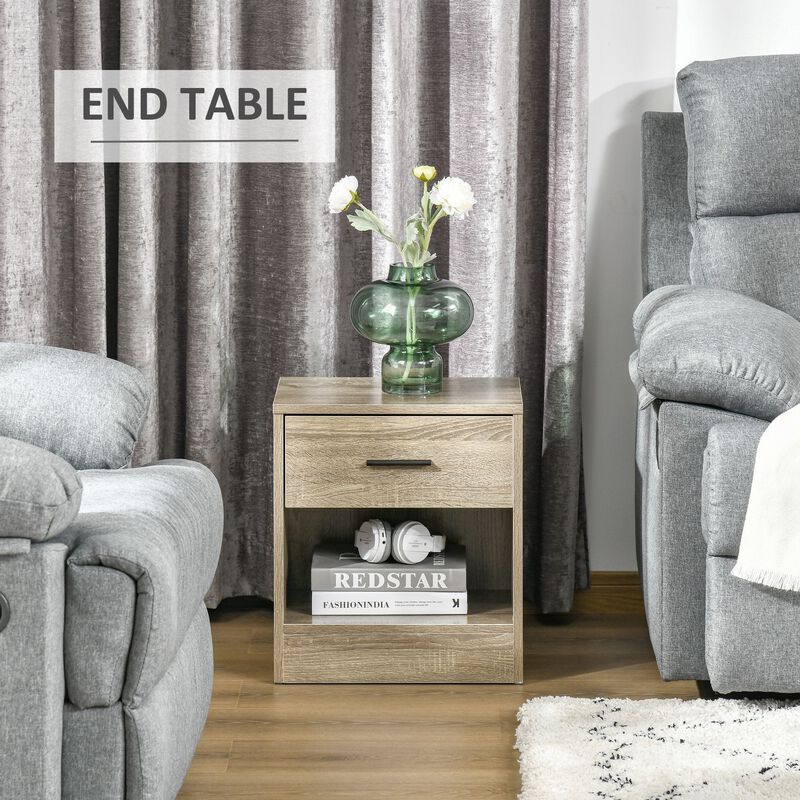 Grey Wood Side Table: Accent End Table with Drawer for Living Room