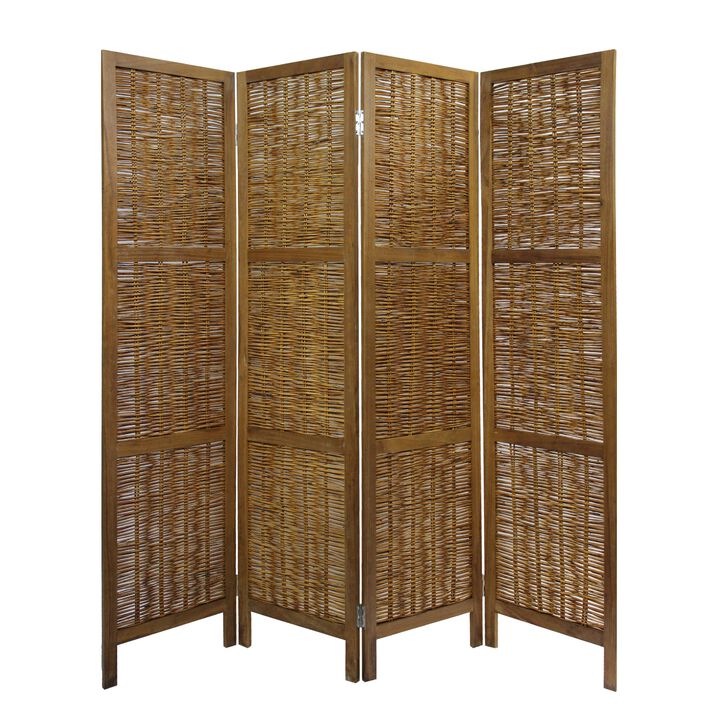 68 Inch Cottage Style 4 Panel Screen Room Divider, Willow Weaving, Brown - Benzara