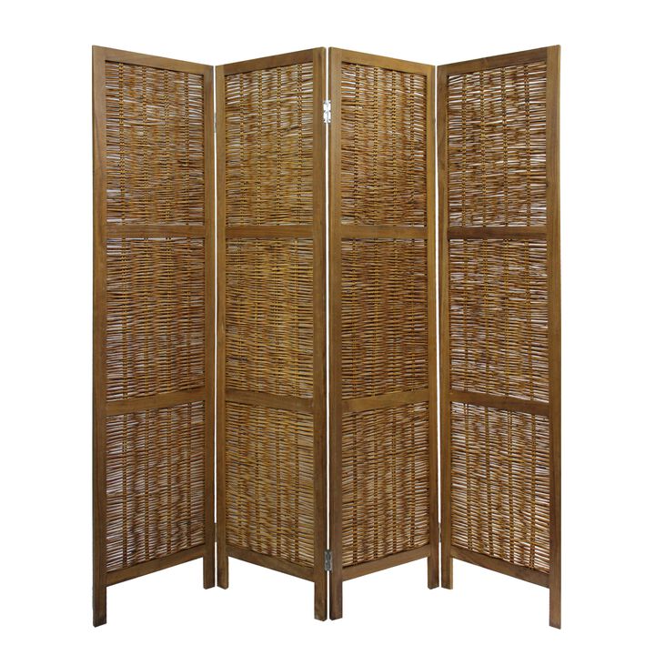 68 Inch Cottage Style 4 Panel Screen Room Divider, Willow Weaving, Brown-Benzara