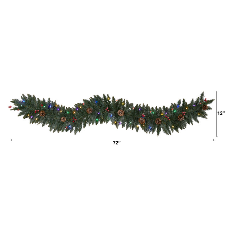 Hivvago 6' Snow Dusted Artificial Christmas Garland with 50 Multicolored LED Lights, Berries and Pinecones