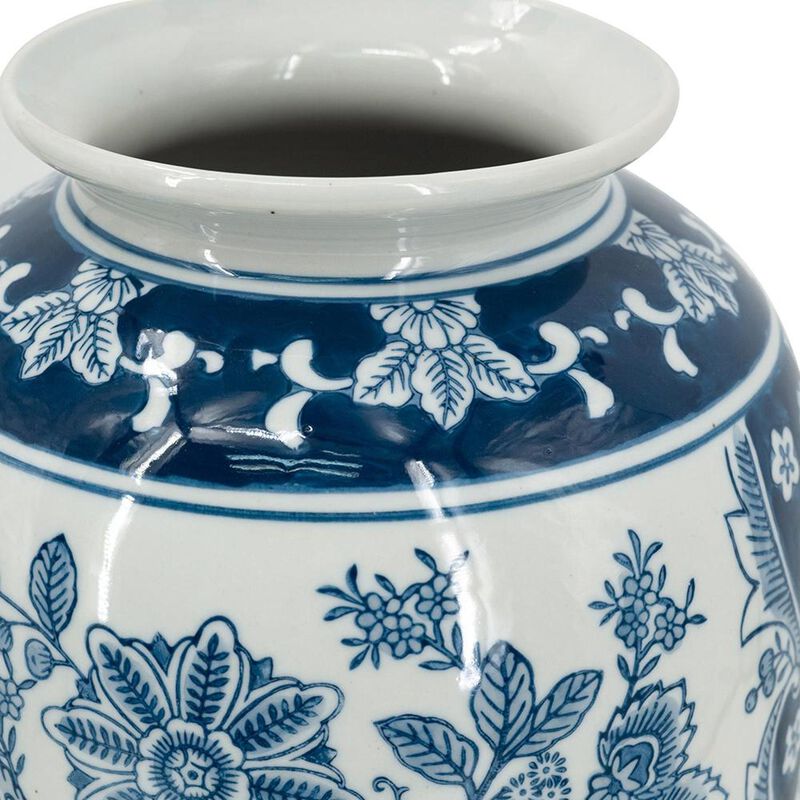 Hivvago 15 Inch Light Blue And White Floral Porcelain Urn Vase
