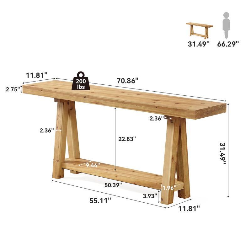 Solid Wood Sofa Console Table with Storage Shelves for Entryway-Light Wood Color image number 2