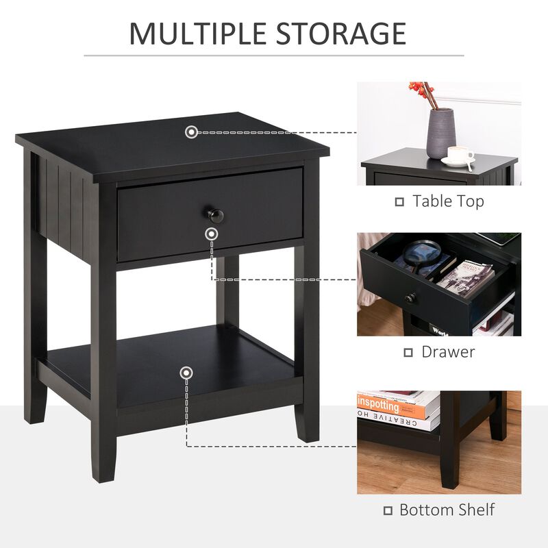Black Nightstand: Compact Bedside Table with Drawer and Shelf