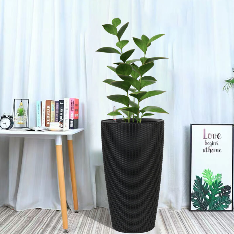 WOW PIONEER Set of 2 Large Faux Rattan Tall Planters for Indoor Outdoor Use with Automatic Watering System Water Level Monitor Inner Bucket for Garden Patio Porch Backyard image number 8