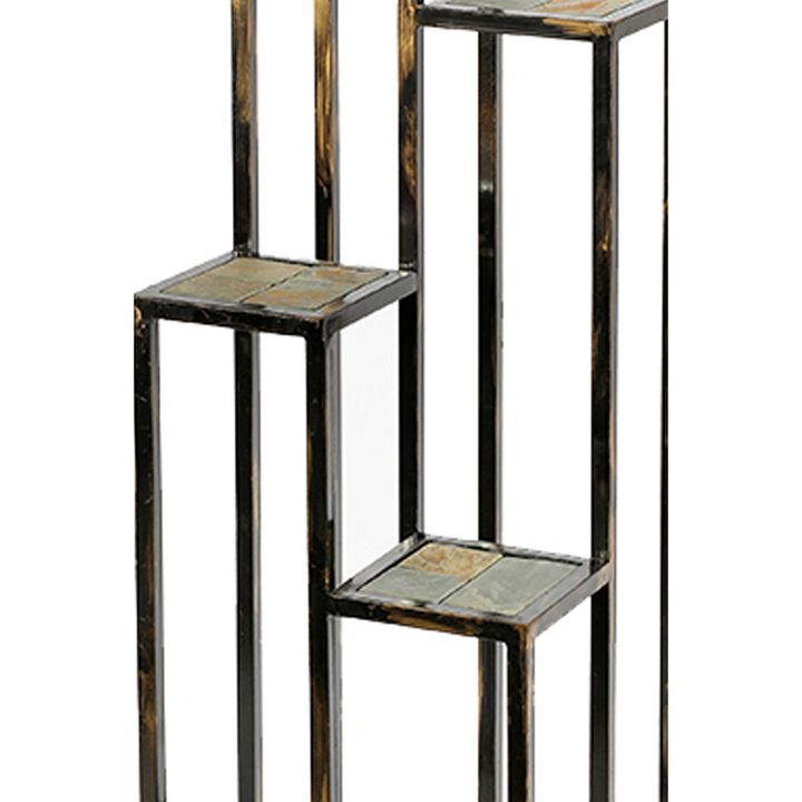 4 Tier Cast Iron Frame Plant Stand with Stone Topping, Black and Gold-Benzara