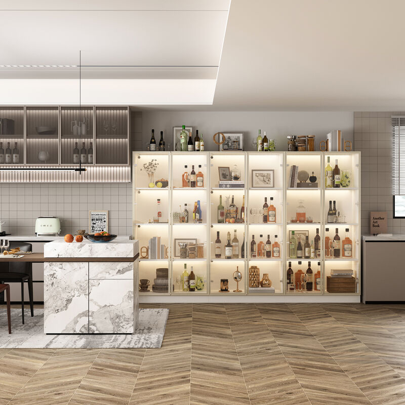 FUFU&GAGA 63 in. Tall White Wood Bookcase Bookshelf With 3-Color LED Lights and Tempered Glass Doors,(94.5" W x 63" H x 15.7" D), White