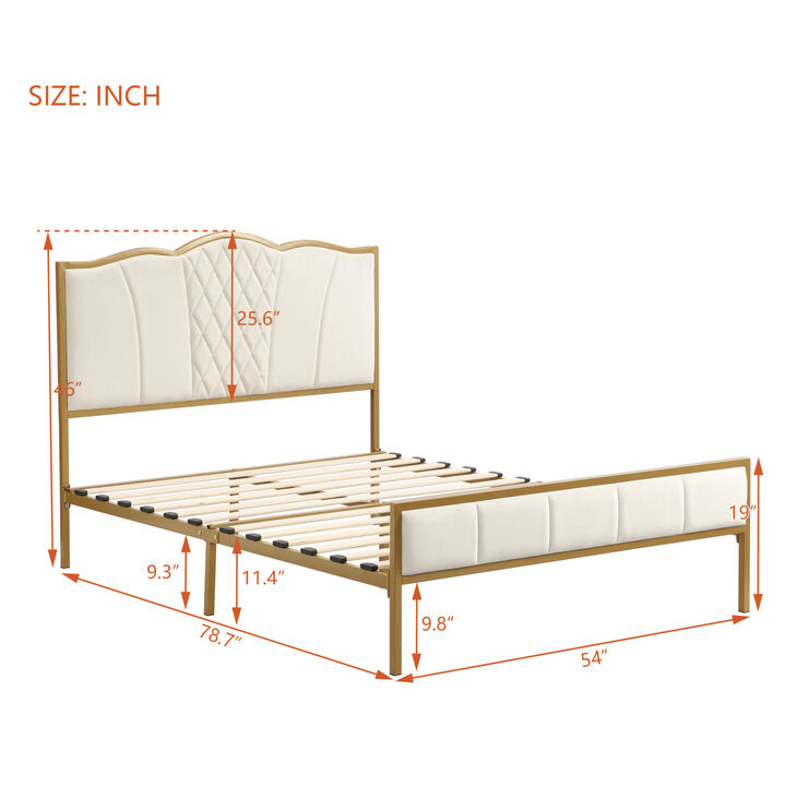 Full Size Bed Frame, Modern Upholstered Bed Frame with Tufted Headboard, Golden Metal Platform Bed Frame with Wood Slat Support, Noise Free, No Box Spring Needed, Beige
