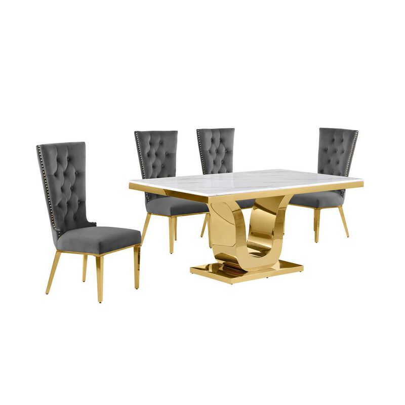 5pc Small(66") marble top dining set with gold base and 4 Dark grey side chairs