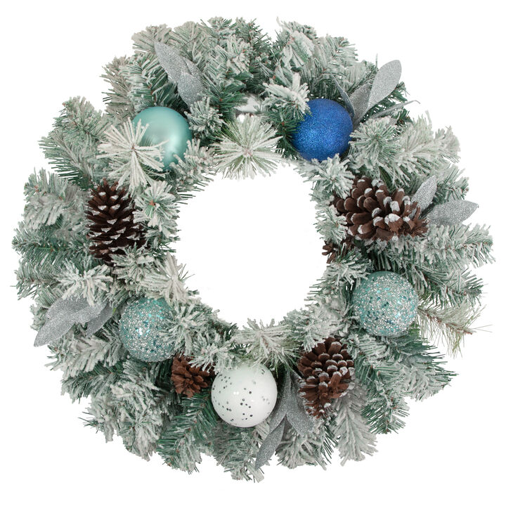 Flocked Pine with Blue and Silver Ornaments Artificial Christmas Wreath  24-Inch  Unlit