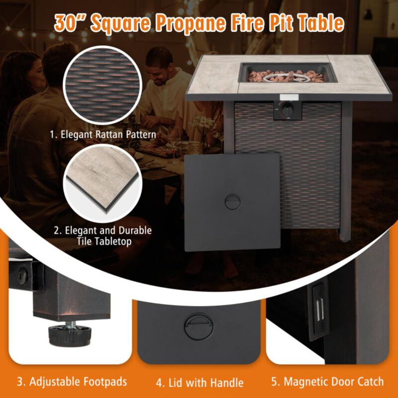 Hivvago 30 Inch Square Propane Gas Fire Pit Table Ceramic Tabletop