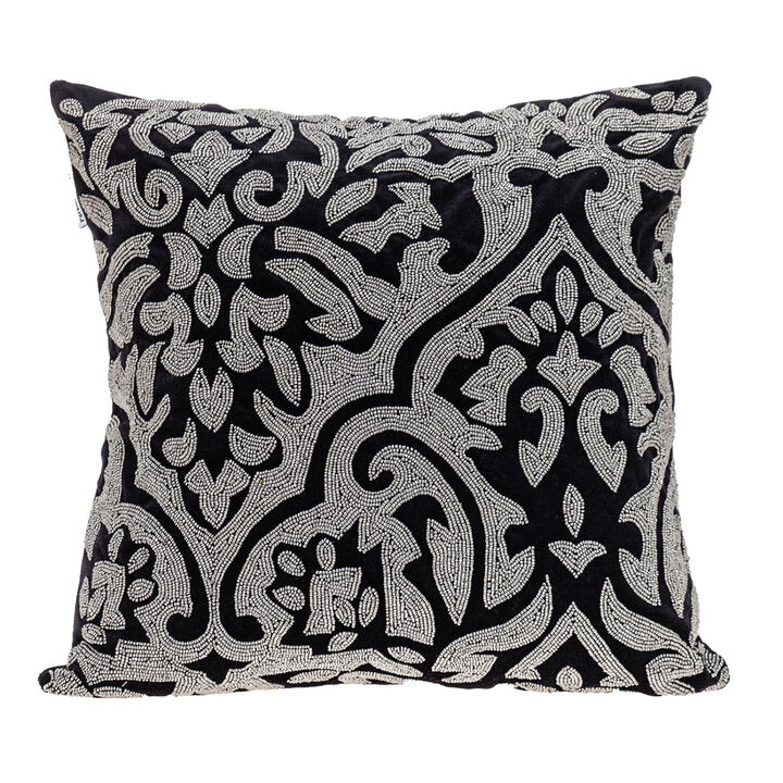 HomeRoots 18" Black and Silver Damask Velvet Throw Pillow With Beads