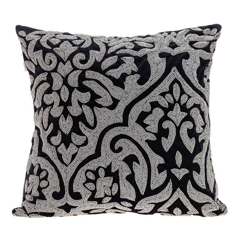 HomeRoots 18" Black and Silver Damask Velvet Throw Pillow With Beads image number 0
