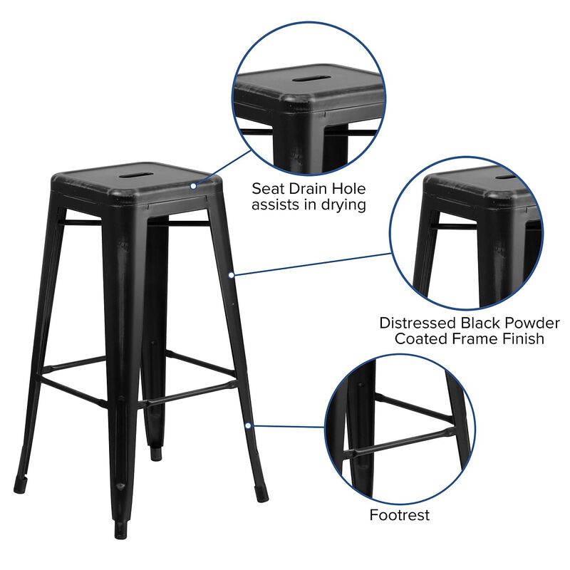 Flash Furniture Kai Commercial Grade 30" High Backless Distressed Black Metal Indoor-Outdoor Barstool image number 2