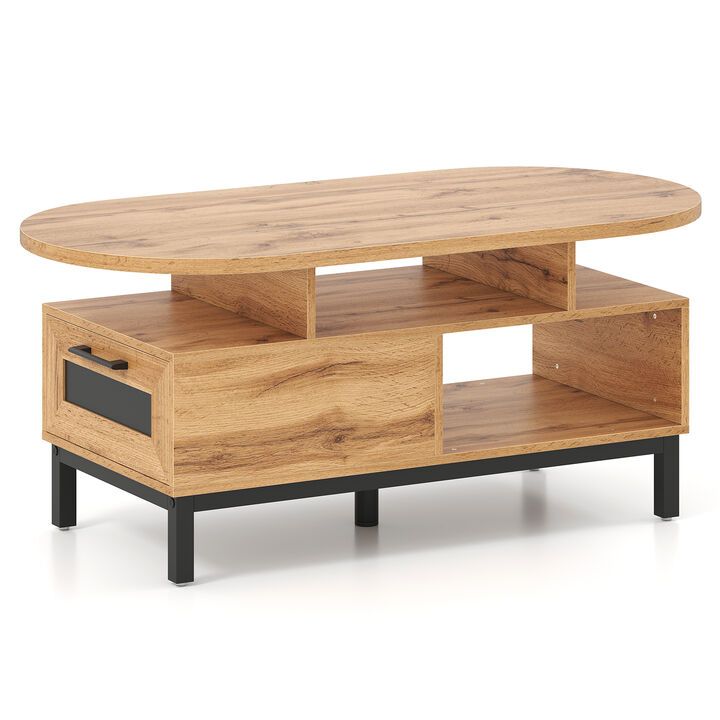 Modern Oval Coffee Table with Open Compartments and Storage Space