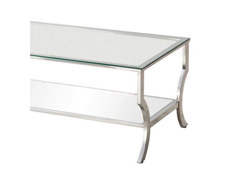 Glass Top Coffee Table with Metal Frame and Mirror Shelf, Chrome - Benzara