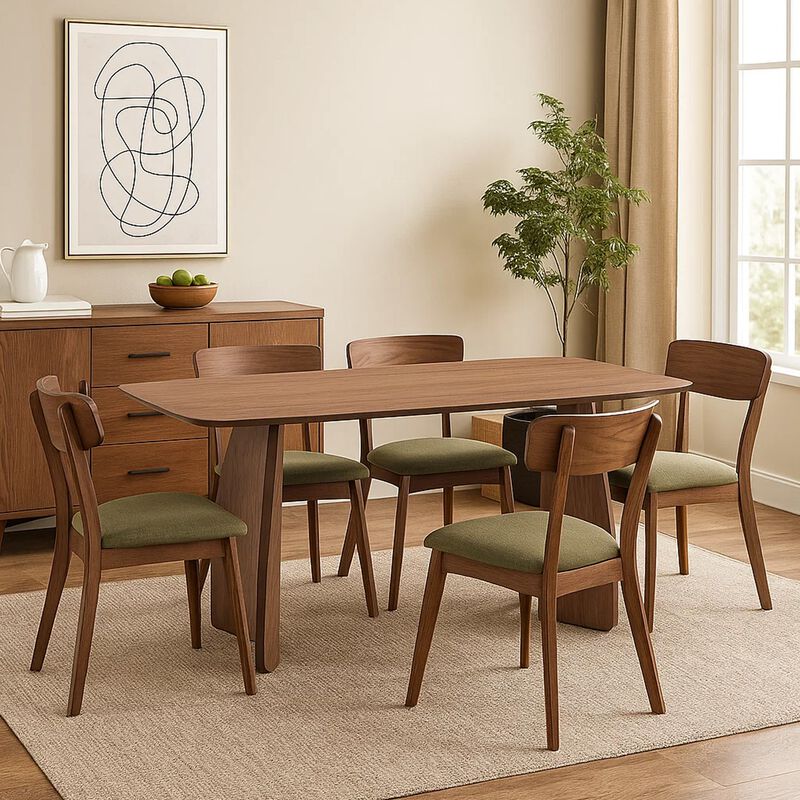 Hamza Rectangular Dining Table, Curved Wood Base, Walnut Brown 71 Inch