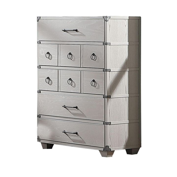 5 Drawer Wooden Chest with Metal Braces, Light Gray