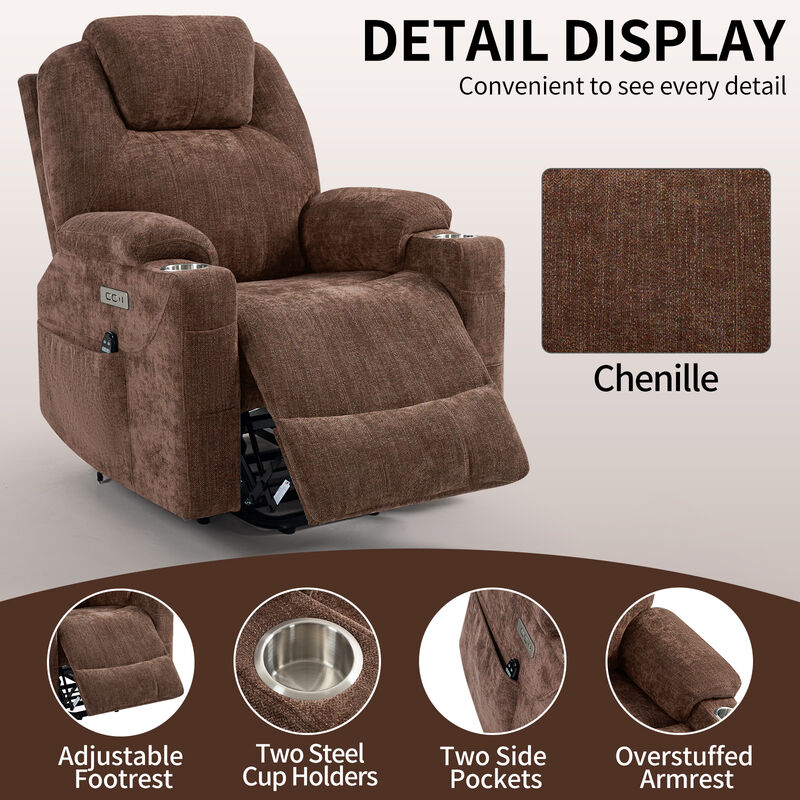 Chenille Power Lift Recliner Chair, Heavy Duty Motion Mechanism with Massage and Lumbar Heating, USB and Type-C Ports