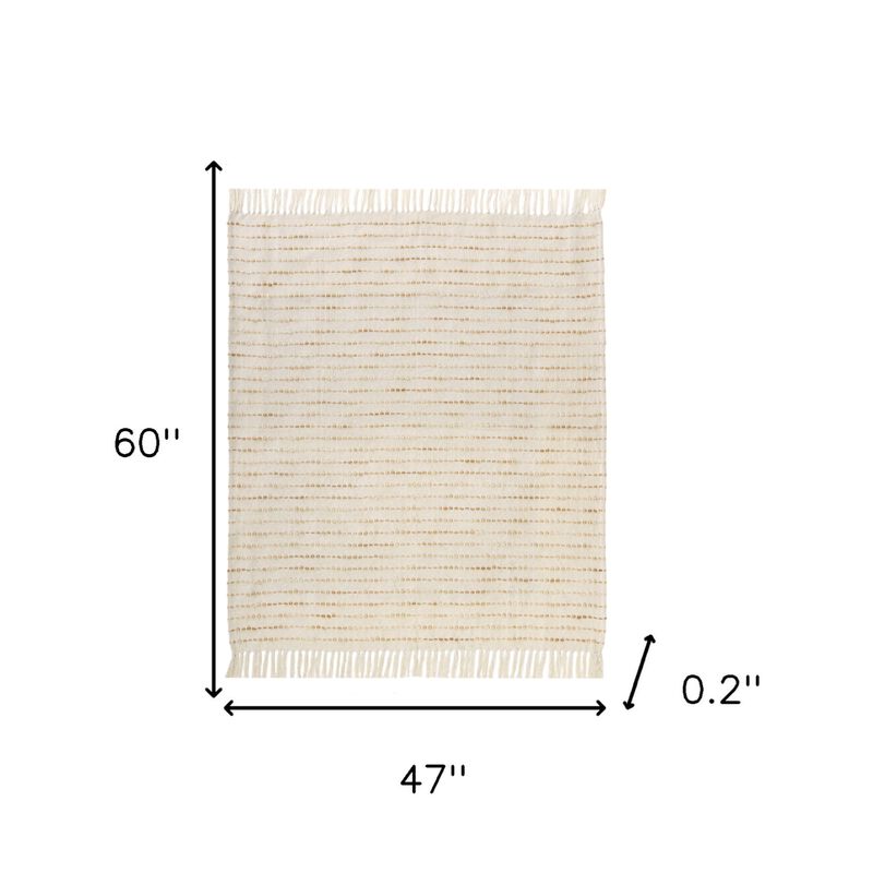 HomeRoots 50" X 60" White and Beige Cotton Blend Woven Striped Throw Blanket with Fringe image number 3