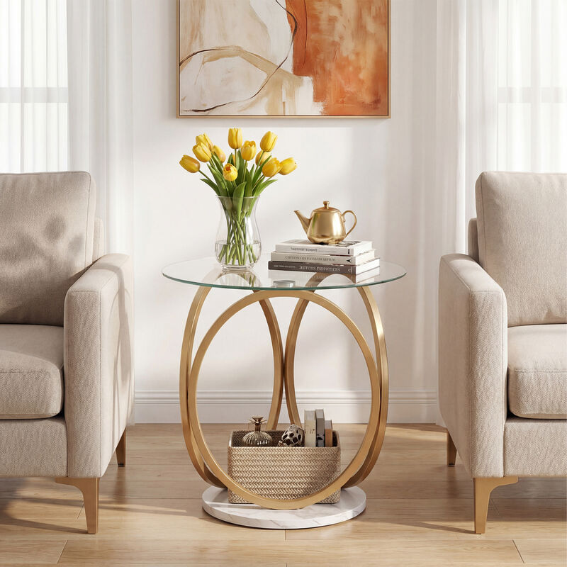Round Accent Side Table with Faux Marble Design and Tempered Glass Top image number 4