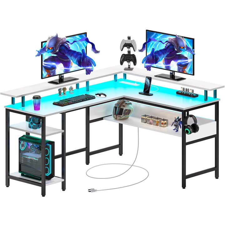 Rolanstar Computer Desk L Shaped 56.7 with LED Lights and Power Outlets, Reversible L Shaped Gaming Desk with Monitor Stand, H