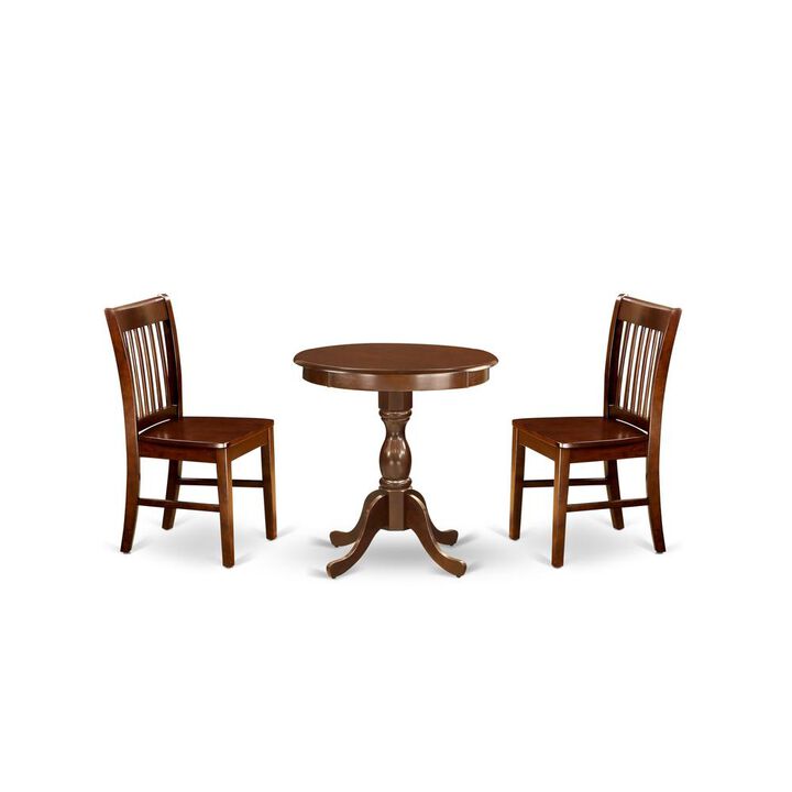 East West Furniture - ESNF3-MAH-W - 3-Pc Dining Room Table Set - 2 Wooden Dining Chairs and 1 Kitchen Dining Table (Mahogany Finish)