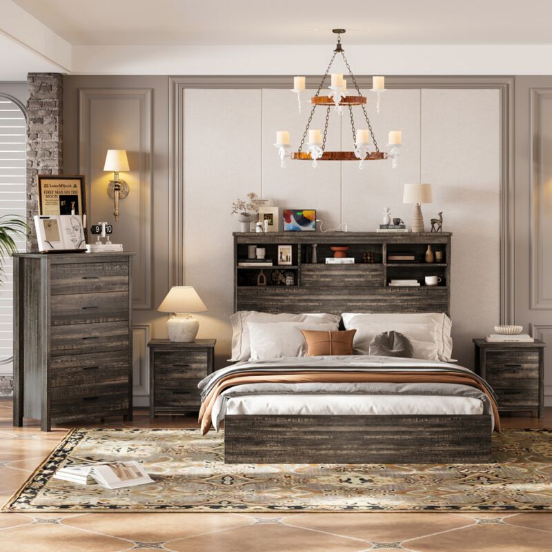 Bursir 4‑Piece Queen Bedroom Set Charging Station Storage Headboard image number 1