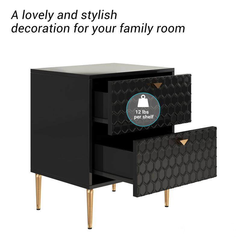 Black Wood Nightstand Accent Storage Cabinet with 2-Drawer Chest