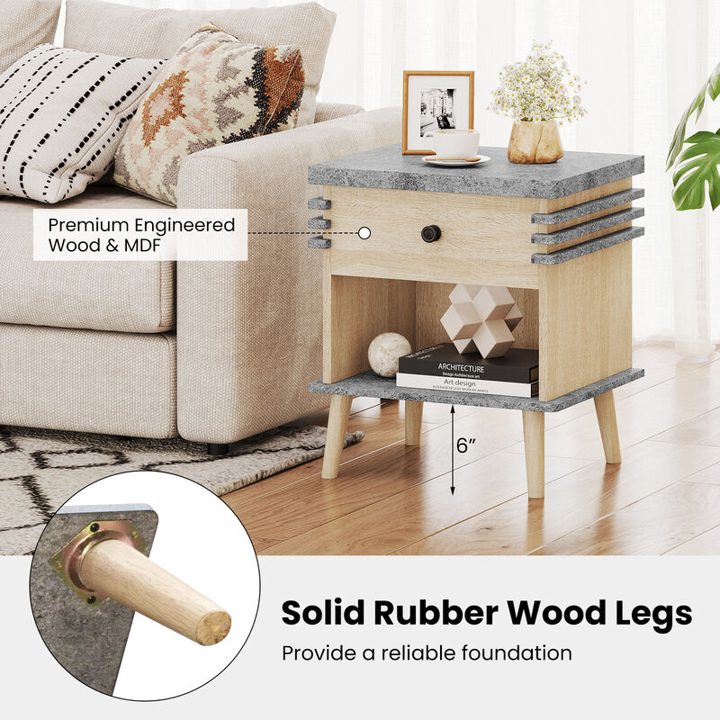 3-Tier Bedside Table Nightstand with Antique Grey Faux Marble Top, Elegant Storage