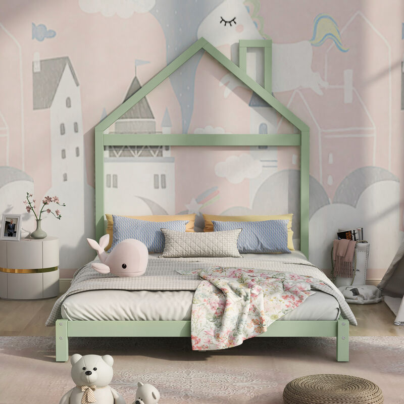 Full Size Wood Platform Bed with House-shaped Headboard. image number 4