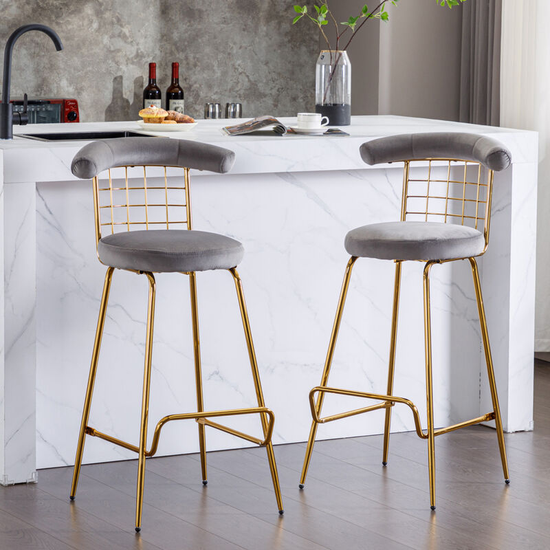Barstool Set of 2, Luxury Velvet High Barstool with Metal Legs and Soft Back, Pub Stool Chairs Armless Modern Kitchen High Dining Chairs with Metal Legs, Grey