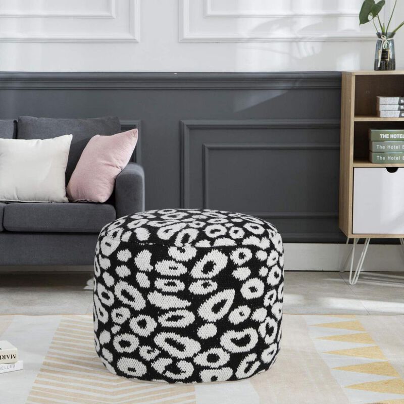 Hivvago 18 Inch Black Cylinder Abstract Pouf Ottoman