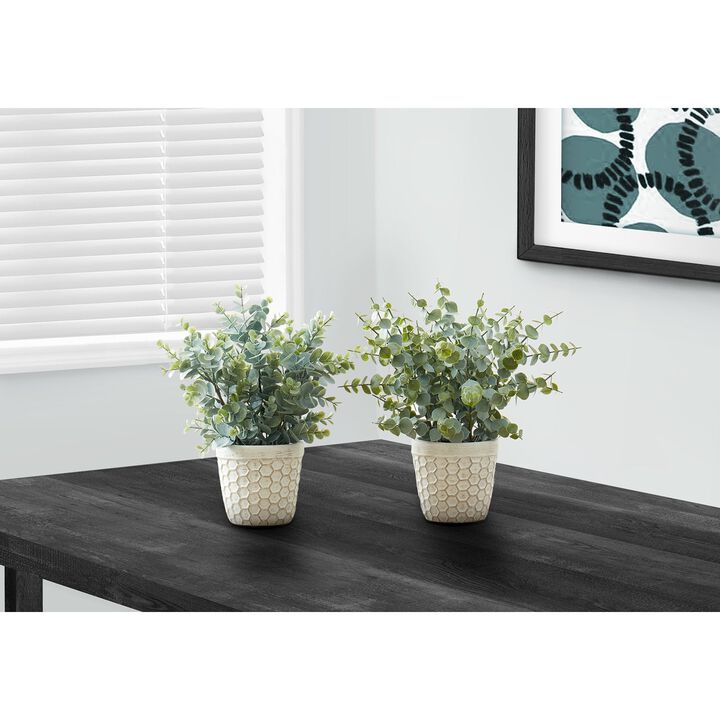 Monarch Specialties I 9581 - Artificial Plant, 13" Tall, Eucalyptus Grass, Indoor, Faux, Fake, Table, Greenery, Potted, Set Of 2, Decorative, Green Leaves, White Pots