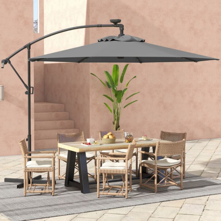 10 Feet 360&deg; Rotation Solar Powered LED Patio Offset Umbrella without Weight Base-Gray