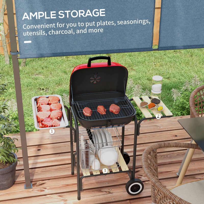 Outsunny 17" Portable Charcoal Grill with Wheels, 2 Side Tables and Bottom Shelf, BBQ with Adjustable Vents on Lid for Picnic, Camping, Backyard, Cooking, Red