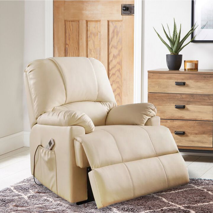 Contemporary Polyurethane Upholstered Metal Recliner with Power Lift, Beige-Benzara