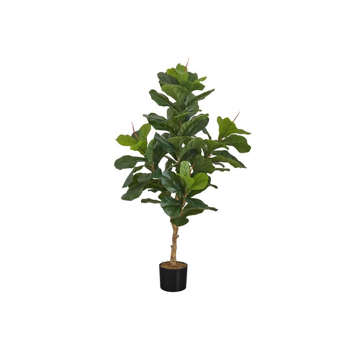 Monarch Specialties I 9541 - Artificial Plant, 47" Tall, Fiddle Tree, Indoor, Faux, Fake, Floor, Greenery, Potted, Real Touch, Decorative, Green Leaves, Black Pot