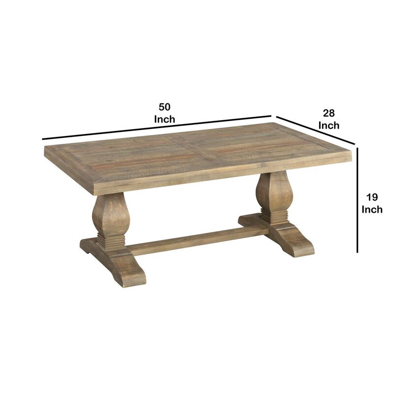 19 Inch Rectangular Coffee Table with Pedestal Base, Brown-Benzara